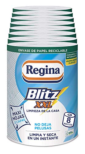 Regina Blitz XXL Papel Cocina | 8 unidades | Máxima absorbencia en cada Maxi Hoja, papel multiusos 150 hojas de 3 capas por rollo | Envase papel | Papel 100% certificado FSC®