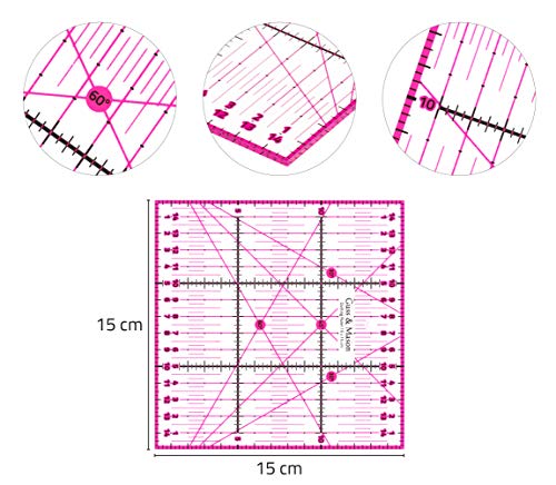 Regla de Patchwork 15 x 15 cm con Pegatinas Antideslizantes Gratuitas. Regla Universal Transparente con dimensiones en cm y ángulos
