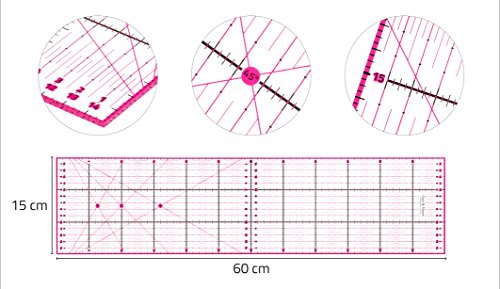 Regla de Patchwork 60 x 15 cm con Pegatinas Antideslizantes Gratuitas. Regla Universal Transparente con dimensiones en cm y ángulos