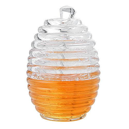 Rehomy - Juego de tarros de miel de cristal transparente con forma de colmena de abeja (265 ml) con barra de goteo para almacenar y dispensar dispensador de jarabe de miel