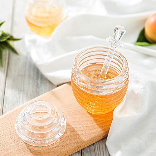 Rehomy - Juego de tarros de miel de cristal transparente con forma de colmena de abeja (265 ml) con barra de goteo para almacenar y dispensar dispensador de jarabe de miel