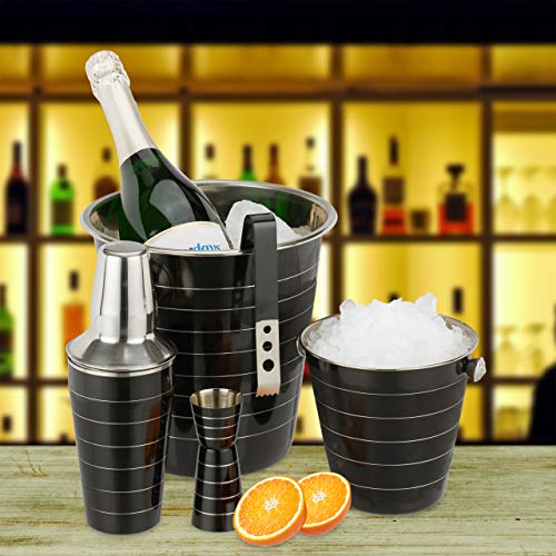 Relaxdays 10024740 Set coctelería, Cinco Utensilios Bar, Coctelera 500 ml, Cubitera, Pinzas Hielo, Enfriador Botellas, Vaso medidor, Negro, Acero, Inoxidable