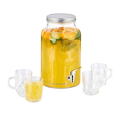 Relaxdays 10030946 Bebidas (Cristal, 5,5 L, 4 Vasos, diseño Retro, dispensador de Zumo con Grifo, Transparente, Vidrio