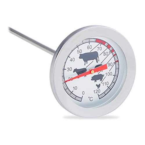 Relaxdays Einstichthermometer analog, Braten Grillthermometer, Edelstahl Fleischthermometer, 20 cm Termómetro de cocina, Analógico, Punción, Acero inoxidable, plata