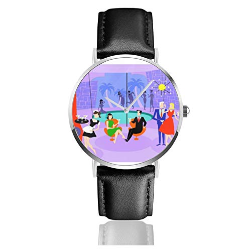 Reloj clásico, retro tropical cóctel fiesta negro correa de cuero pulsera casual relojes