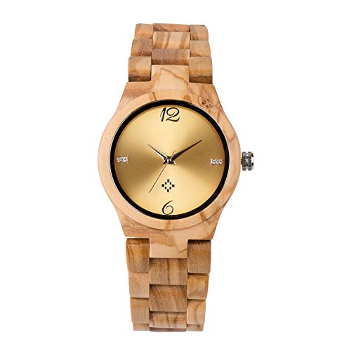 Reloj De Madera para Mujer, Pantalla De Cuarzo AnalóGico JaponéS, Madera Natural Pura EcolóGica, con Correa De SáNdalo AntialéRgica, Esfera Decorativa De Piedra De Cristal (Olivewood)