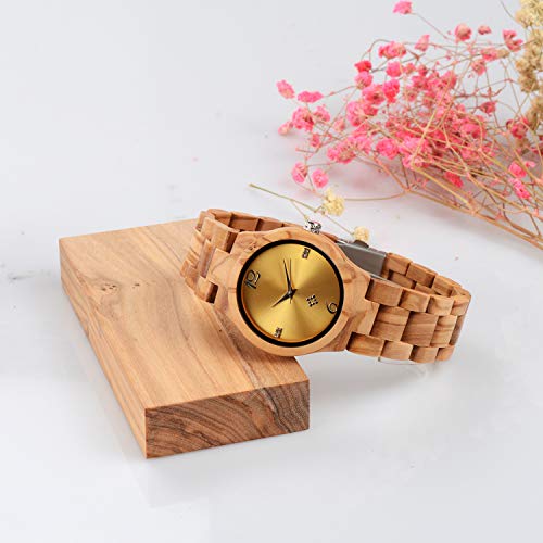 Reloj De Madera para Mujer, Pantalla De Cuarzo AnalóGico JaponéS, Madera Natural Pura EcolóGica, con Correa De SáNdalo AntialéRgica, Esfera Decorativa De Piedra De Cristal (Olivewood)