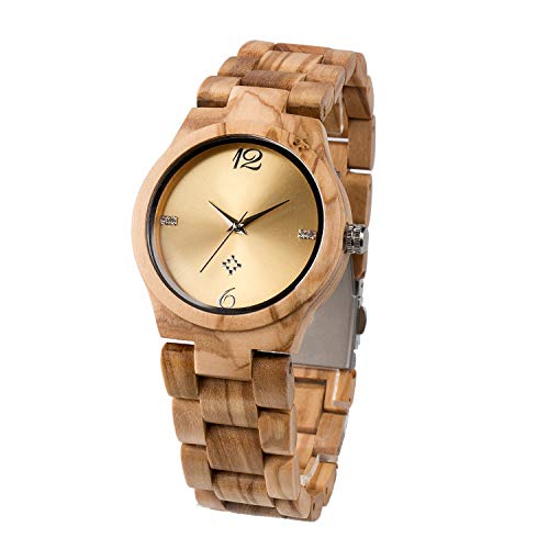 Reloj De Madera para Mujer, Pantalla De Cuarzo AnalóGico JaponéS, Madera Natural Pura EcolóGica, con Correa De SáNdalo AntialéRgica, Esfera Decorativa De Piedra De Cristal (Olivewood)