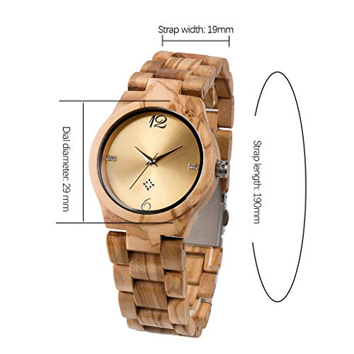 Reloj De Madera para Mujer, Pantalla De Cuarzo AnalóGico JaponéS, Madera Natural Pura EcolóGica, con Correa De SáNdalo AntialéRgica, Esfera Decorativa De Piedra De Cristal (Olivewood)