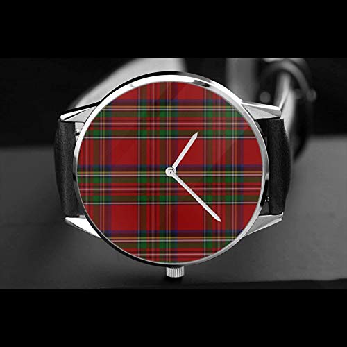 Reloj de pulsera de cuarzo, elegante Royal Stewart Tartan a cuadros impermeables con correa de cuero de la PU reloj clásico casual de acero inoxidable de cuarzo