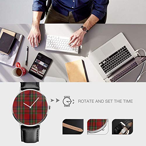 Reloj de pulsera de cuarzo, elegante Royal Stewart Tartan a cuadros impermeables con correa de cuero de la PU reloj clásico casual de acero inoxidable de cuarzo