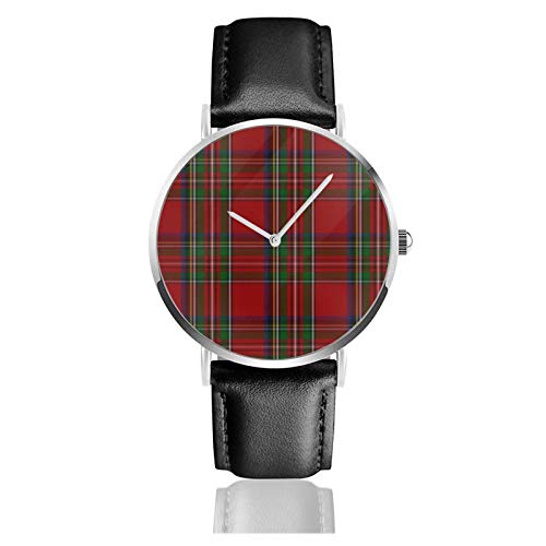 Reloj de pulsera de cuarzo, elegante Royal Stewart Tartan a cuadros impermeables con correa de cuero de la PU reloj clásico casual de acero inoxidable de cuarzo