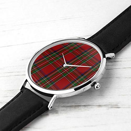 Reloj de pulsera de cuarzo, elegante Royal Stewart Tartan a cuadros impermeables con correa de cuero de la PU reloj clásico casual de acero inoxidable de cuarzo