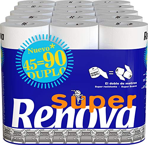 Renova Papel Higiénico Super Duplo, 45 Rollos Dobles (equivalentes a 90 rollos estándar), Blanco