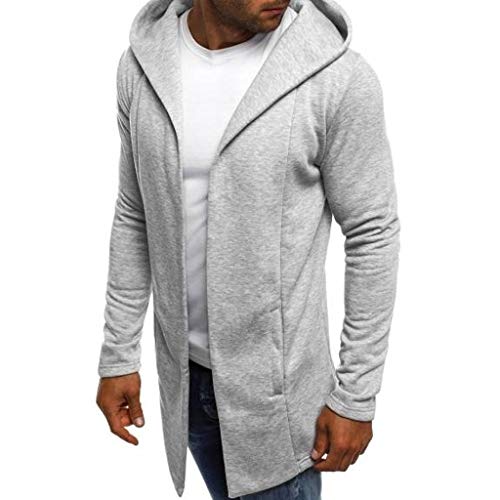 Reooly Abrigo de Trinchera de Color sólido con Capucha para Hombres Chaqueta Larga Cárdigan Manga Larga(Gris,Medium)