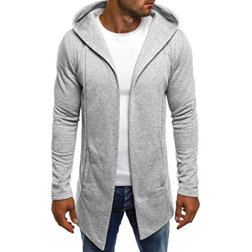 Reooly Abrigo de Trinchera de Color sólido con Capucha para Hombres Chaqueta Larga Cárdigan Manga Larga(Gris,Medium)