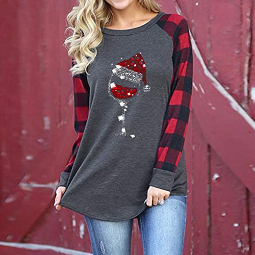 ReooLy Fashion Mujer Navidad Elk Impresión Plaid Costura Camiseta de Manga Larga Tops（C-Gris，M）