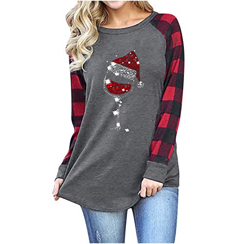 ReooLy Fashion Mujer Navidad Elk Impresión Plaid Costura Camiseta de Manga Larga Tops（C-Gris，M）