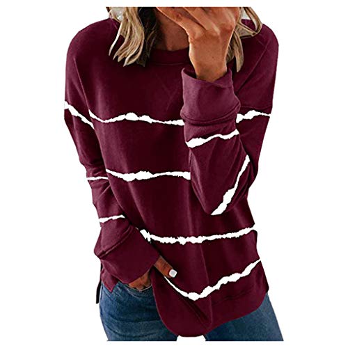 ReooLy Sudadera a Rayas para Mujer, de Manga Larga, cálida, Informal, con Cuello Redondo, Camiseta Holgada y cómoda(Vino，XL)