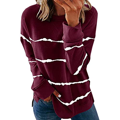 ReooLy Sudadera a Rayas para Mujer, de Manga Larga, cálida, Informal, con Cuello Redondo, Camiseta Holgada y cómoda(Vino，XL)