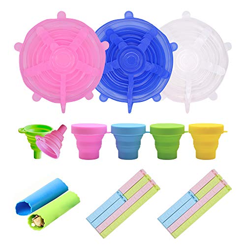 RETON 38 Piezas Juego de Utensilios de Cocina de Silicona - 18 x Tapas Elásticas de Silicona, 12 x Clips de Sellado de Alimentos, 4 x Copas Plegables con Tapas, 2 x Embudo Plegable, 2 x Pelador de Ajo