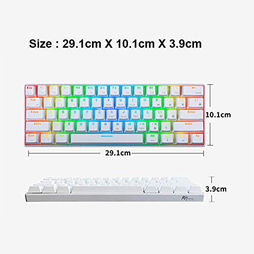 RGB Teclado mecánico , RK61 con cable / inalámbrico Teclado Bluetooth 61 teclas Teclado LED para juegos con retroiluminación a prueba de agua Anti-efecto fantasma (Interruptor blanco / azul)