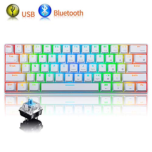 RGB Teclado mecánico , RK61 con cable / inalámbrico Teclado Bluetooth 61 teclas Teclado LED para juegos con retroiluminación a prueba de agua Anti-efecto fantasma (Interruptor blanco / azul)