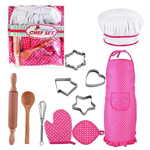 Ritte 11 Piezas/Set Conjunto de Chef para Niños, Juego para Hornear para Niños, Rosa Cocina rol Traje Juego con Delantal, Gorro de Chef, Utensilio para Guantes Y Cortador de Galletas para Niños