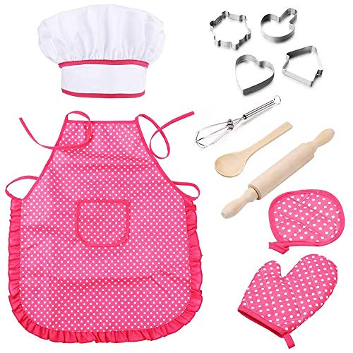 Ritte 11 Piezas/Set Conjunto de Chef para Niños, Juego para Hornear para Niños, Rosa Cocina rol Traje Juego con Delantal, Gorro de Chef, Utensilio para Guantes Y Cortador de Galletas para Niños