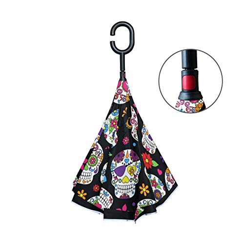 rodde Paraguas Calaveras de Halloween Hola Bienvenido Flores Florales Azúcares Invertido Invertido Reversible Lluvia del Sol para el automóvil Uso en Exteriores con Mango en Forma de C