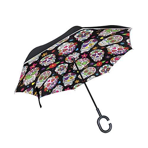 rodde Paraguas Calaveras de Halloween Hola Bienvenido Flores Florales Azúcares Invertido Invertido Reversible Lluvia del Sol para el automóvil Uso en Exteriores con Mango en Forma de C