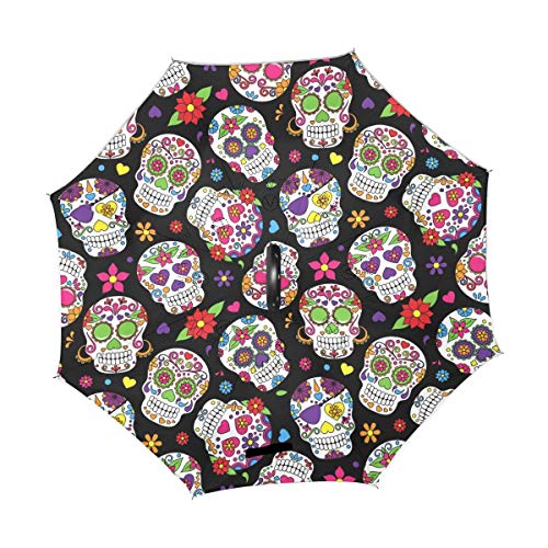 rodde Paraguas Calaveras de Halloween Hola Bienvenido Flores Florales Azúcares Invertido Invertido Reversible Lluvia del Sol para el automóvil Uso en Exteriores con Mango en Forma de C