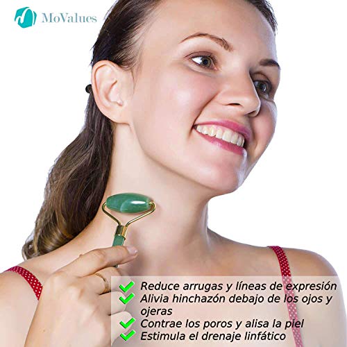 Rodillo de Jade Verde, Gua Sha y Pincel - Set de Masaje Facial en Piedra 100% Natural - Masajeador Anti Arrugas, Reducción de Ojeras, Desinflama, Intensifica Tratamientos de Belleza para el Rostro