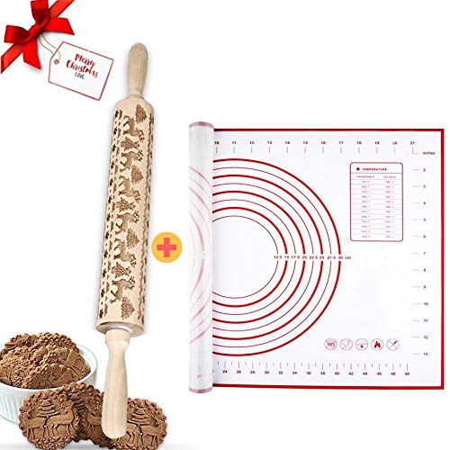 Rolling Pin Christmas,Rolling Pin Wood,Perno de Balanceo,Rodillo de Cocina con Dibujos,Rodillo Amasar de Madera,Rodillo de Madera para Galletas,Grabado en Relieve