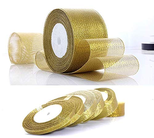 Rollo de cinta de lazo dorada Da.Wa, con purpurina, para manualidades, regalos, decoración de fiestas y bodas, de 22 m de largo y ancho para elegir de 0,6 a 5 cm, poliéster, dorado, 22m*5cm