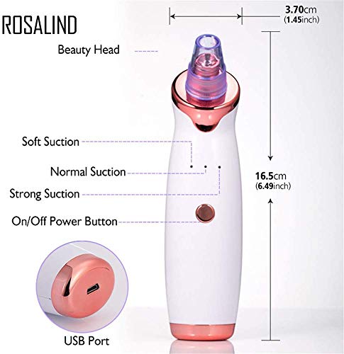 ROSALIND Limpiador de Poros, Extractor de Puntos Negros Limpiador Facial Blackhead Remover Eliminador Puntos Negros con USB Carga Portáti, 5 Cabezales y 3 Modos para Espinillas y Acné