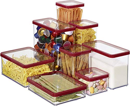 Rotho Loft, Juego de 5 cajas de almacenamiento con tapa de diferentes tamaños, Plástico PP sin BPA, transparente, rojo, 2 x 2.1l, 1 x 1.0l, 2 x 0.5l 30.0 x 21.0 x 15.0 cm