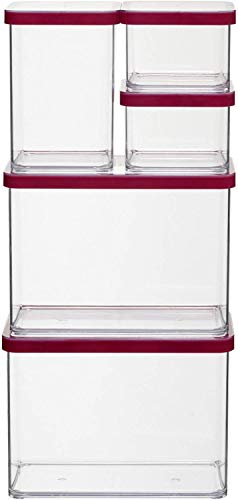 Rotho Loft, Juego de 5 cajas de almacenamiento con tapa de diferentes tamaños, Plástico PP sin BPA, transparente, rojo, 2 x 2.1l, 1 x 1.0l, 2 x 0.5l 30.0 x 21.0 x 15.0 cm