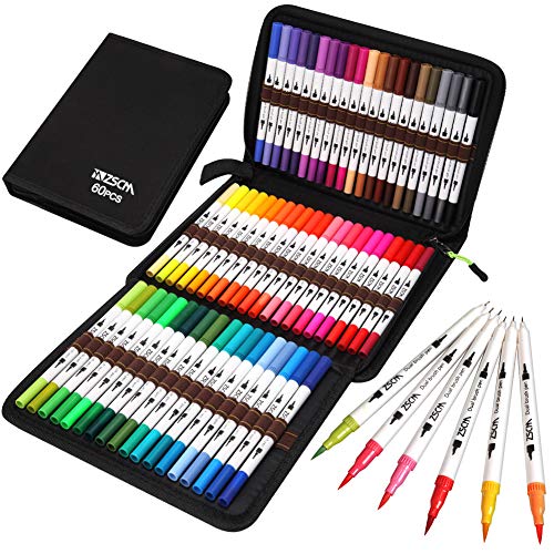 Rotuladores Acuarelables 60 colores, ZSCM Doble Punta de pincel doble bolígrafo de para Colorear, dibujar o subrayar Rotuladores, para Adultos niño Bullet Journal, Caligrafía y Dibujos, ilustraciones