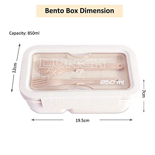 ROVLAK Fiambrera Niños Ecologica Caja de Almuerzo Portatil con 2 Compartimentos Fiambrera Hermetica con Cubiertos BPA-Free No-Tóxico 850ML Caja de Almuerzo para Adultos y Niños, Beige