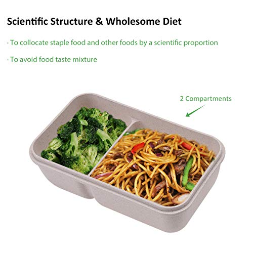 ROVLAK Fiambrera Niños Ecologica Caja de Almuerzo Portatil con 2 Compartimentos Fiambrera Hermetica con Cubiertos BPA-Free No-Tóxico 850ML Caja de Almuerzo para Adultos y Niños, Beige