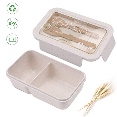 ROVLAK Fiambrera Niños Ecologica Caja de Almuerzo Portatil con 2 Compartimentos Fiambrera Hermetica con Cubiertos BPA-Free No-Tóxico 850ML Caja de Almuerzo para Adultos y Niños, Beige