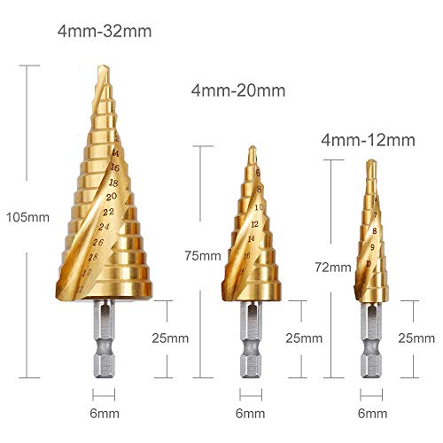 Rovtop 3 Piezas Brocas Hss Drill Bits - Brocas Escalonadas Brocas de Acero HSS Brocas Cortas High Speed Steel, 3 Piezas de 4-12/20 / 32 mm