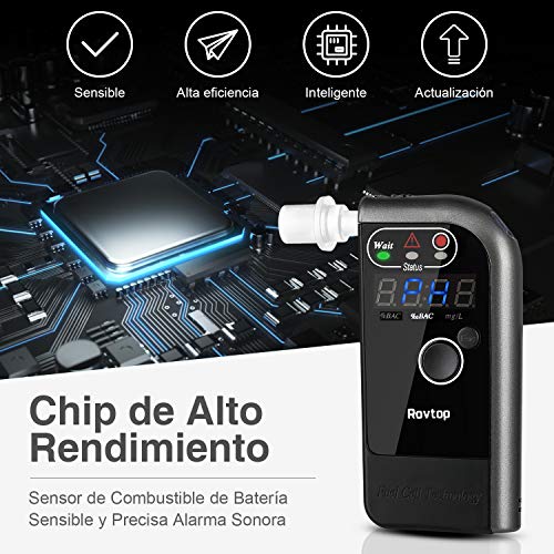 Rovtop Alcoholímetro Digital Profesional con Pantalla LCD Incluye 4 Boquillas Desechables - Alcoholímetro Electroquímico Respiratorio de Recargable con Sensor Digital y Probador de Alcohol （Negro）