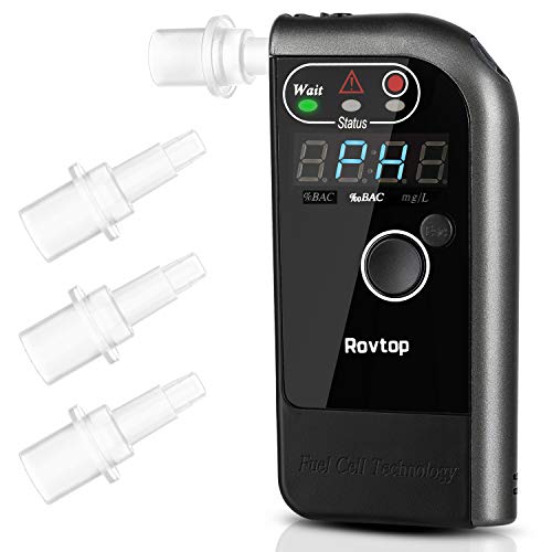 Rovtop Alcoholímetro Digital Profesional con Pantalla LCD Incluye 4 Boquillas Desechables - Alcoholímetro Electroquímico Respiratorio de Recargable con Sensor Digital y Probador de Alcohol （Negro）