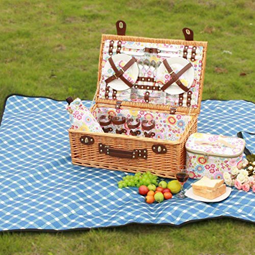 RVTYR Willow Cesta de Picnic Conjunto for 4 Personas con Las Copas de Vino Placas de cerámica Cubiertos y servilletas Aniversario de Boda 55 * 35 * 20 cm Cesta Picnic