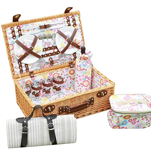 RVTYR Willow Cesta de Picnic Conjunto for 4 Personas con Las Copas de Vino Placas de cerámica Cubiertos y servilletas Aniversario de Boda 55 * 35 * 20 cm Cesta Picnic