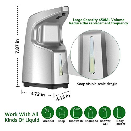 S SMAUTOP Dispensador automático de jabón, Jabón sin Manos 450ML sin Manos, Dispensador de jabón sobre encimera/montado en la Pared, Baño Adecuado, Cocinas, Hotel, Restaurante (Plateado)