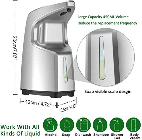 S SMAUTOP Dispensador automático de jabón, Jabón sin Manos 450ML sin Manos, Dispensador de jabón sobre encimera/montado en la Pared, Baño Adecuado, Cocinas, Hotel, Restaurante (Plateado)