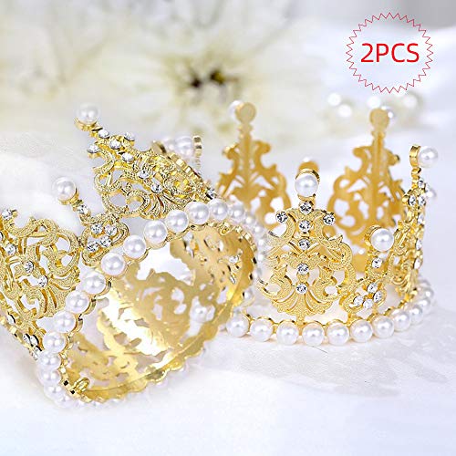 SACALA 2 piezas pequeñas de corona dorada decoración para tartas de boda, corona de perlas vintage King/Princesa para decoración de fiesta de cumpleaños